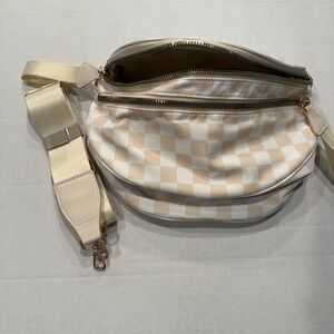 Emmafy Go Free Beige Checkered Crossbody Sling Belt Bag Gold Hardware NWT
